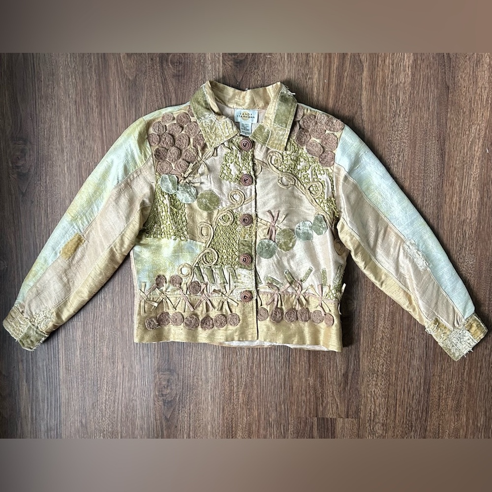 SANDY STARKMAN Silk Patchwork 3D Applique Jacket Art Wear Lagenlook Funky Size M - Picture 10 of 16
